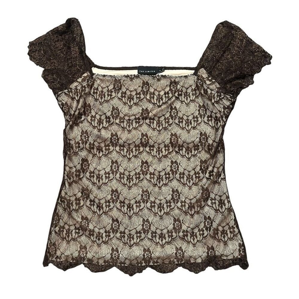 THE LIMITED Brown Shimmer Lace Overlay Cream Blouse Size M